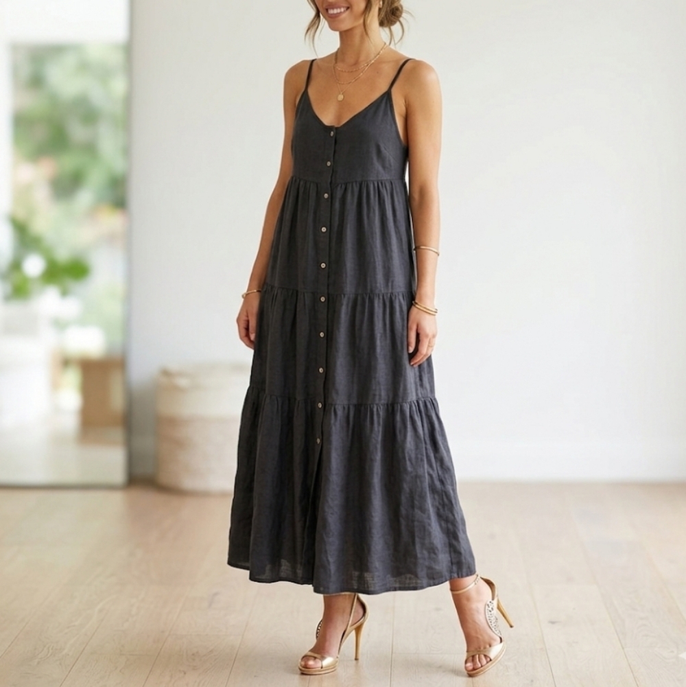 ANEMOS The Flounce Tiered Linen And‎ Cupro-Blend Midi Dress S
